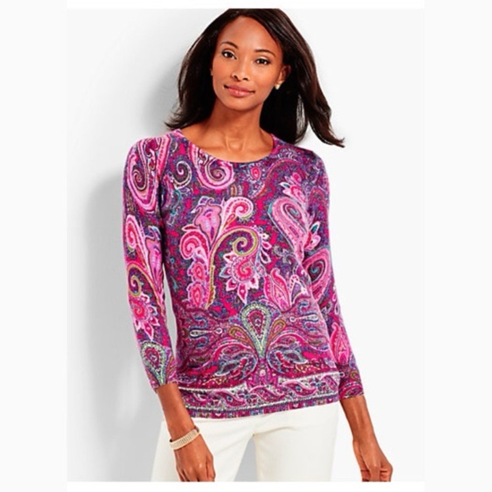 Talbots 100% pure cashmere crew neck sweater with a pink and purple paisley MP